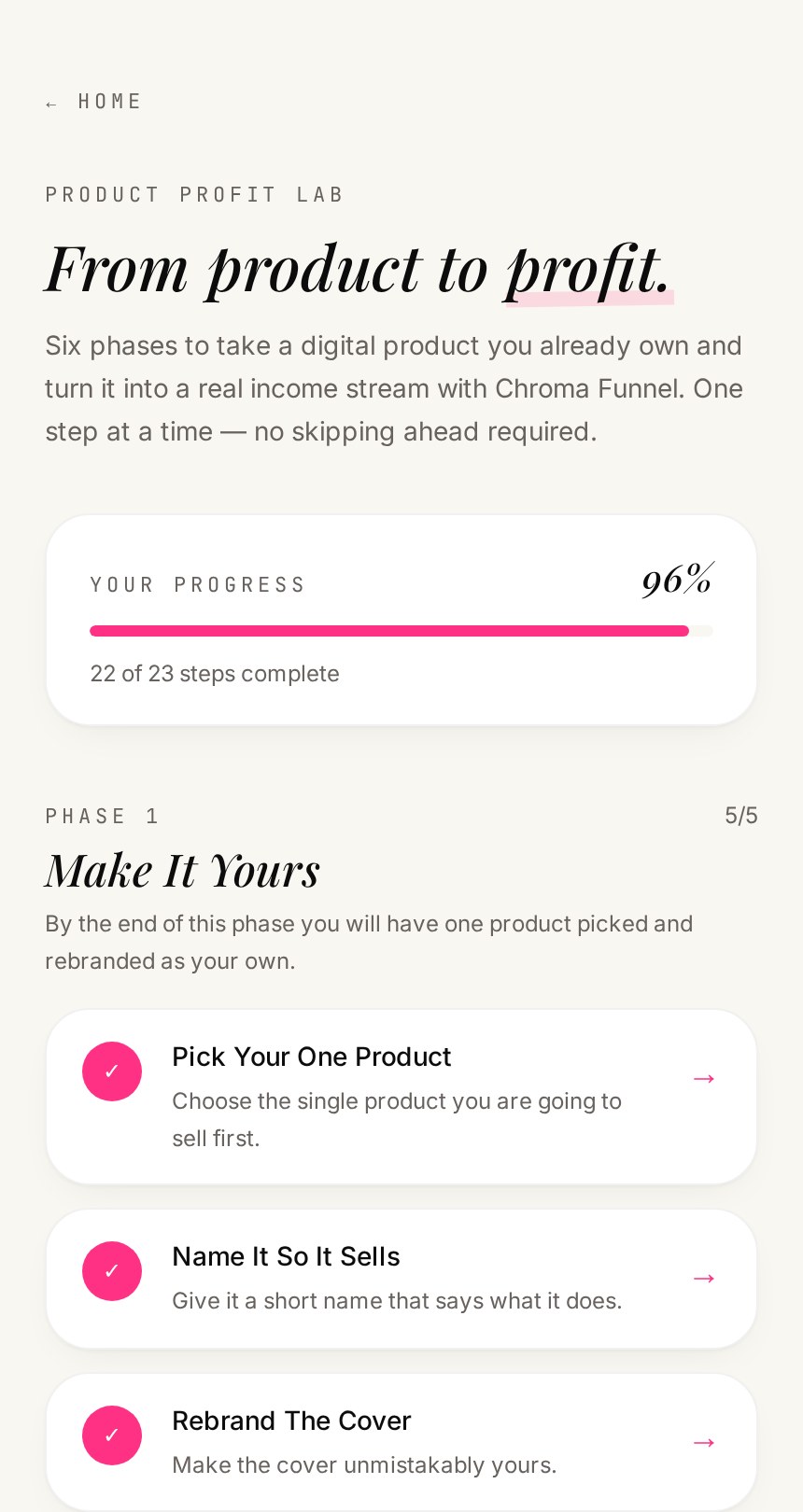 The Product Profit Lab roadmap showing progress through the launch phases