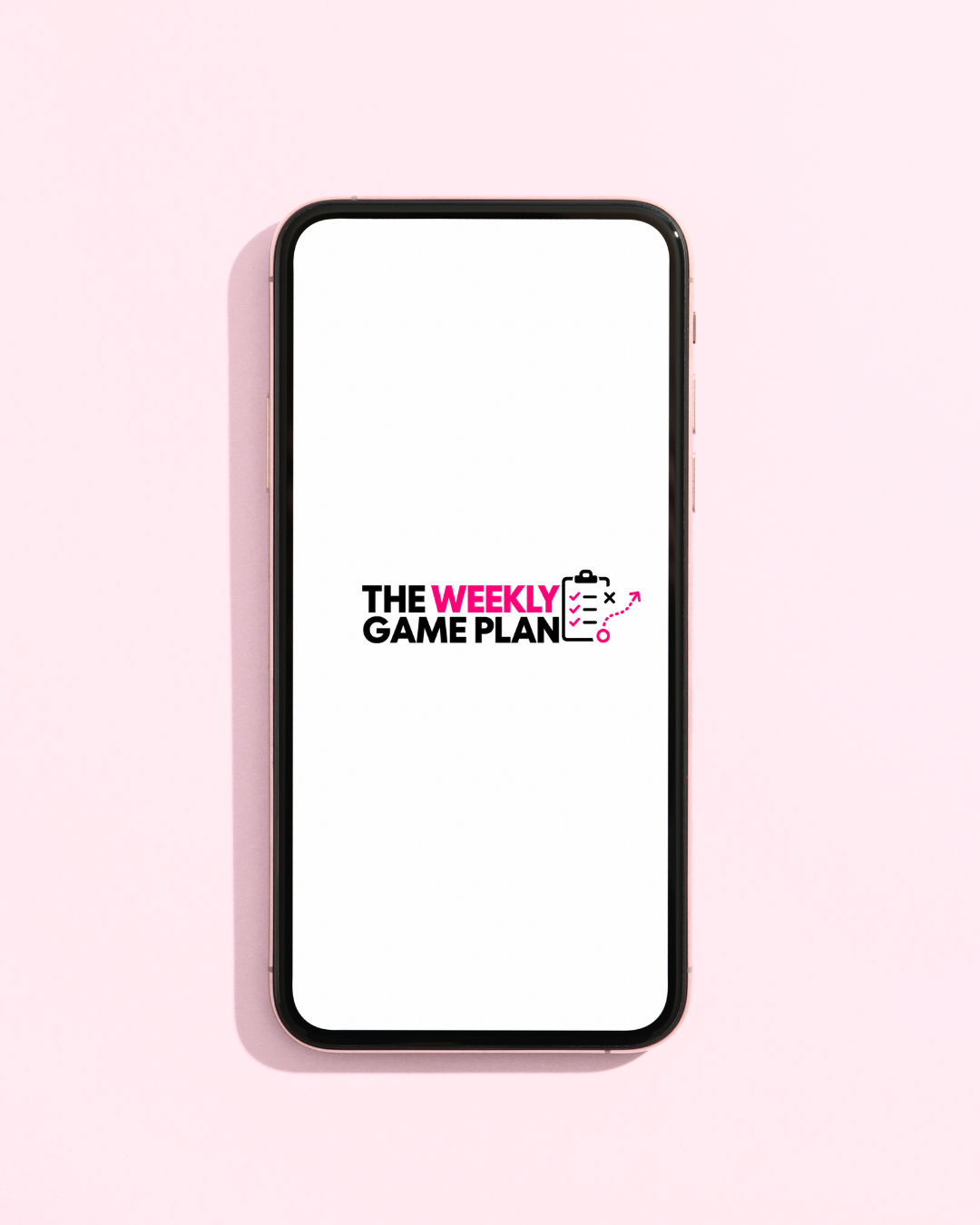 The Weekly Game Plan logo on a phone screen against a soft pink background